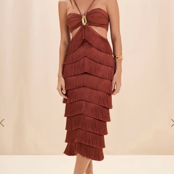 PatBO Dresses & Skirts - PatBO Amber Fringe MIDI Layered Dress in Rust
